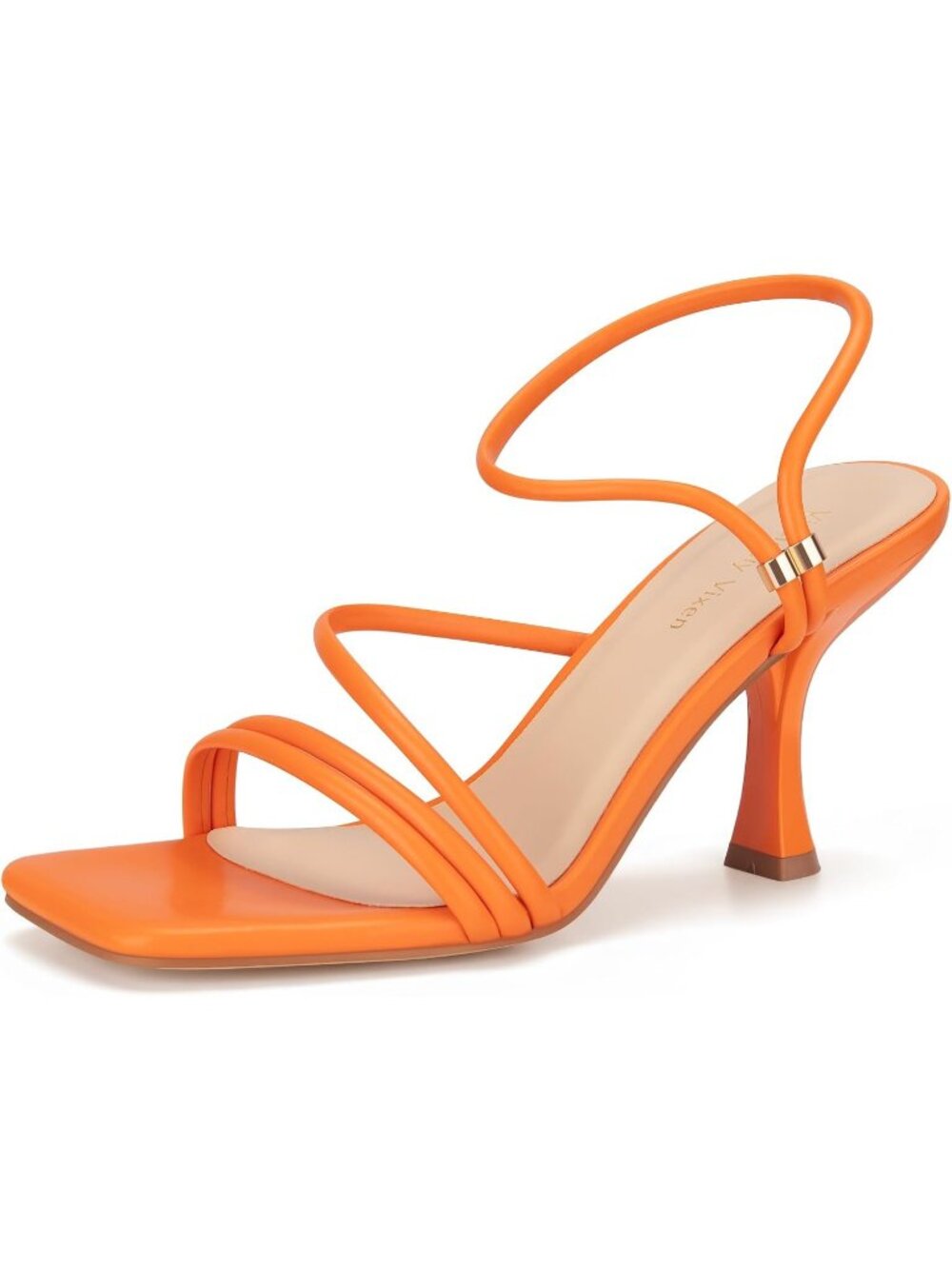 Women's Orange Faux Leather Strappy Square Open Toe Ankle Strap Heels Sandals